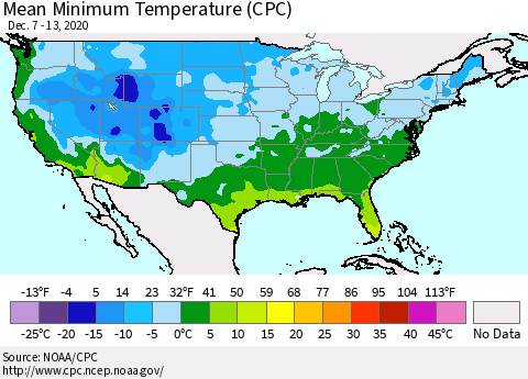 United States Mean Minimum Temperature (CPC) Thematic Map For 12/7/2020 - 12/13/2020