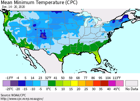 United States Mean Minimum Temperature (CPC) Thematic Map For 12/14/2020 - 12/20/2020