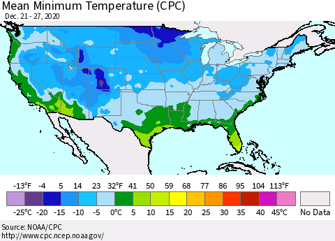 United States Mean Minimum Temperature (CPC) Thematic Map For 12/21/2020 - 12/27/2020