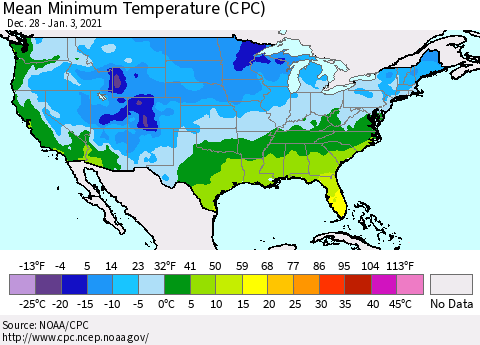 United States Mean Minimum Temperature (CPC) Thematic Map For 12/28/2020 - 1/3/2021