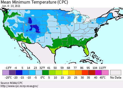 United States Mean Minimum Temperature (CPC) Thematic Map For 1/4/2021 - 1/10/2021