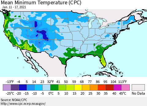 United States Mean Minimum Temperature (CPC) Thematic Map For 1/11/2021 - 1/17/2021