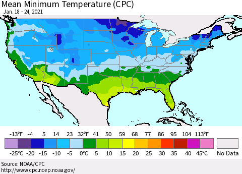 United States Mean Minimum Temperature (CPC) Thematic Map For 1/18/2021 - 1/24/2021