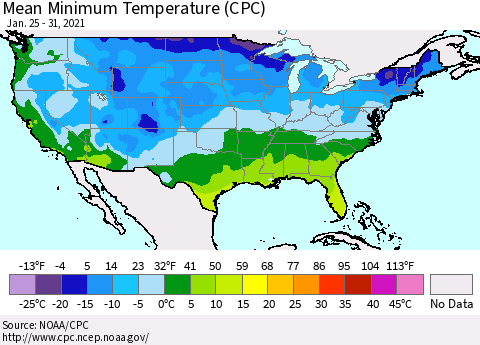 United States Mean Minimum Temperature (CPC) Thematic Map For 1/25/2021 - 1/31/2021