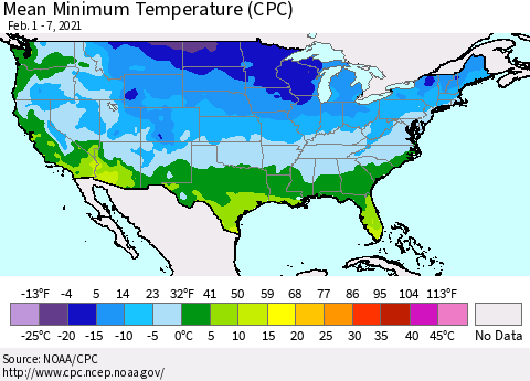 United States Mean Minimum Temperature (CPC) Thematic Map For 2/1/2021 - 2/7/2021
