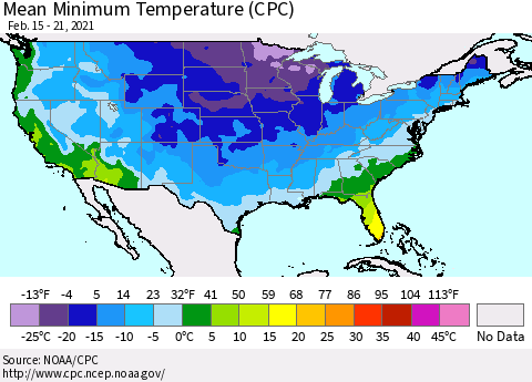 United States Mean Minimum Temperature (CPC) Thematic Map For 2/15/2021 - 2/21/2021