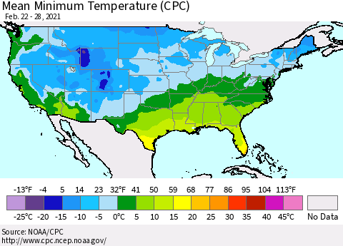 United States Mean Minimum Temperature (CPC) Thematic Map For 2/22/2021 - 2/28/2021