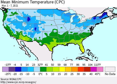 United States Mean Minimum Temperature (CPC) Thematic Map For 3/1/2021 - 3/7/2021
