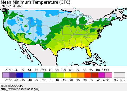 United States Mean Minimum Temperature (CPC) Thematic Map For 3/22/2021 - 3/28/2021