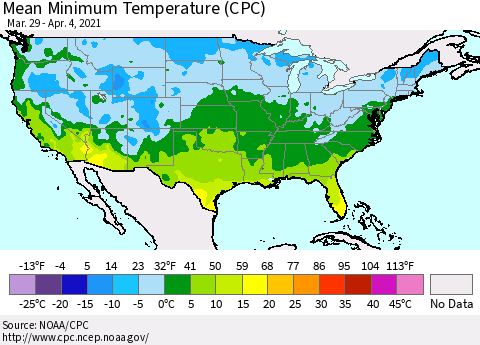 United States Mean Minimum Temperature (CPC) Thematic Map For 3/29/2021 - 4/4/2021