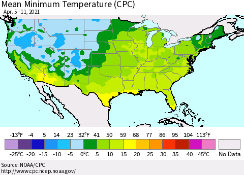 United States Mean Minimum Temperature (CPC) Thematic Map For 4/5/2021 - 4/11/2021