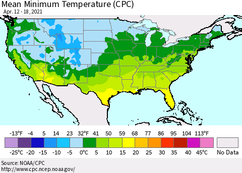 United States Mean Minimum Temperature (CPC) Thematic Map For 4/12/2021 - 4/18/2021