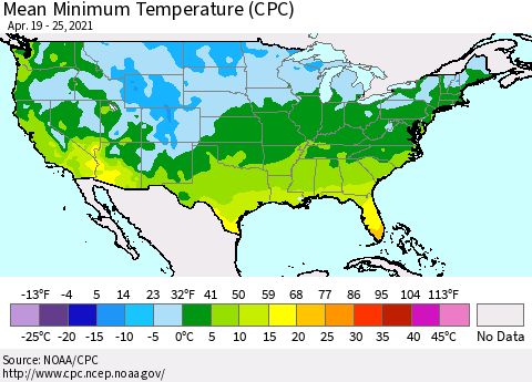 United States Mean Minimum Temperature (CPC) Thematic Map For 4/19/2021 - 4/25/2021