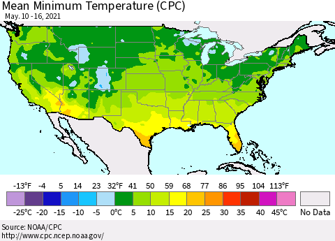 United States Mean Minimum Temperature (CPC) Thematic Map For 5/10/2021 - 5/16/2021