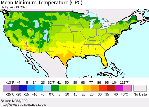 United States Mean Minimum Temperature (CPC) Thematic Map For 5/24/2021 - 5/30/2021