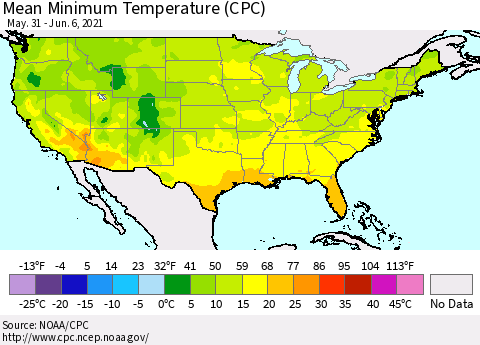 United States Mean Minimum Temperature (CPC) Thematic Map For 5/31/2021 - 6/6/2021