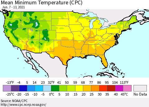 United States Mean Minimum Temperature (CPC) Thematic Map For 6/7/2021 - 6/13/2021