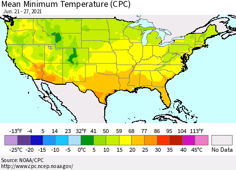United States Minimum Temperature (CPC) Thematic Map For 6/21/2021 - 6/27/2021