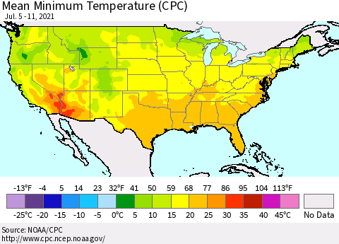 United States Mean Minimum Temperature (CPC) Thematic Map For 7/5/2021 - 7/11/2021