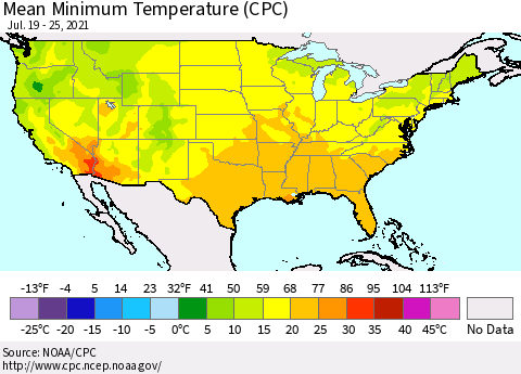 United States Mean Minimum Temperature (CPC) Thematic Map For 7/19/2021 - 7/25/2021