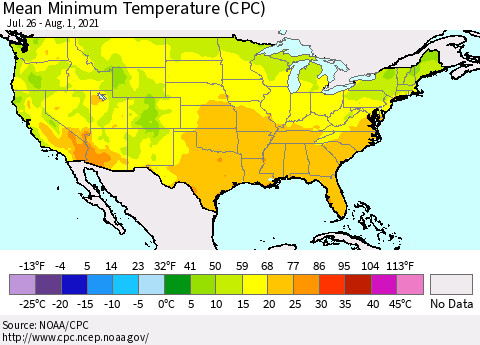 United States Mean Minimum Temperature (CPC) Thematic Map For 7/26/2021 - 8/1/2021