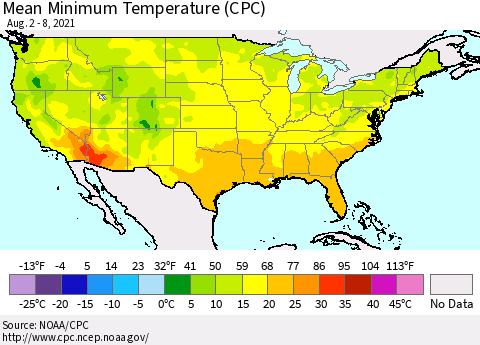 United States Mean Minimum Temperature (CPC) Thematic Map For 8/2/2021 - 8/8/2021