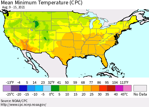 United States Mean Minimum Temperature (CPC) Thematic Map For 8/9/2021 - 8/15/2021