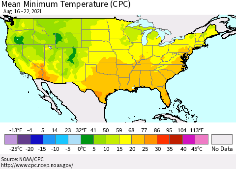 United States Minimum Temperature (CPC) Thematic Map For 8/16/2021 - 8/22/2021