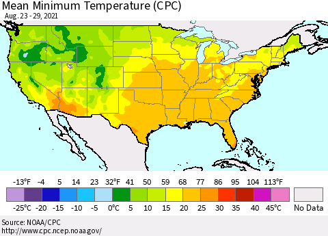 United States Mean Minimum Temperature (CPC) Thematic Map For 8/23/2021 - 8/29/2021