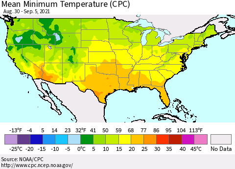United States Mean Minimum Temperature (CPC) Thematic Map For 8/30/2021 - 9/5/2021