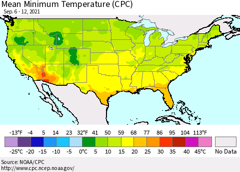 United States Mean Minimum Temperature (CPC) Thematic Map For 9/6/2021 - 9/12/2021