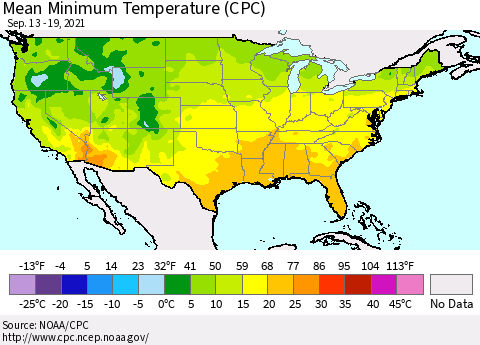 United States Mean Minimum Temperature (CPC) Thematic Map For 9/13/2021 - 9/19/2021