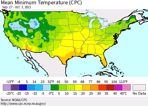 United States Mean Minimum Temperature (CPC) Thematic Map For 9/27/2021 - 10/3/2021