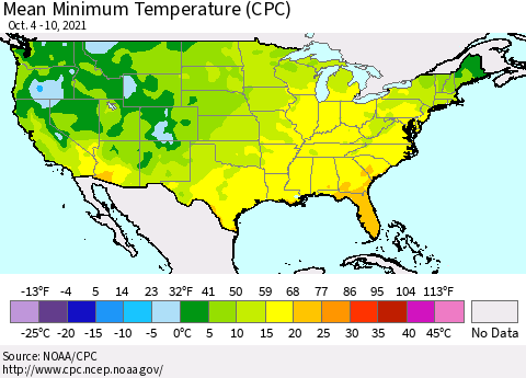 United States Mean Minimum Temperature (CPC) Thematic Map For 10/4/2021 - 10/10/2021