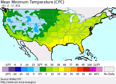 United States Minimum Temperature (CPC) Thematic Map For 10/11/2021 - 10/17/2021