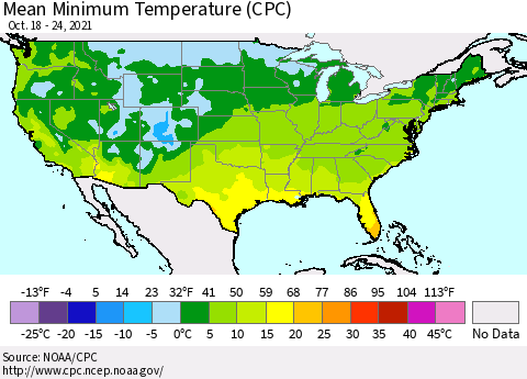 United States Mean Minimum Temperature (CPC) Thematic Map For 10/18/2021 - 10/24/2021