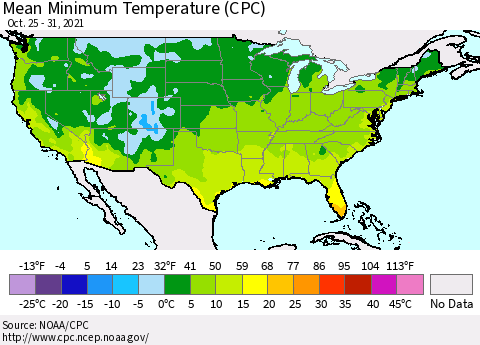 United States Mean Minimum Temperature (CPC) Thematic Map For 10/25/2021 - 10/31/2021