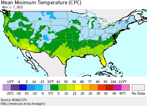 United States Minimum Temperature (CPC) Thematic Map For 11/1/2021 - 11/7/2021