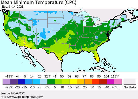 United States Mean Minimum Temperature (CPC) Thematic Map For 11/8/2021 - 11/14/2021