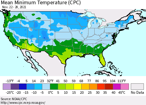 United States Mean Minimum Temperature (CPC) Thematic Map For 11/22/2021 - 11/28/2021