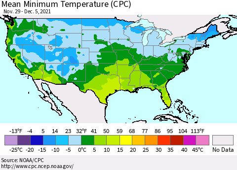 United States Minimum Temperature (CPC) Thematic Map For 11/29/2021 - 12/5/2021