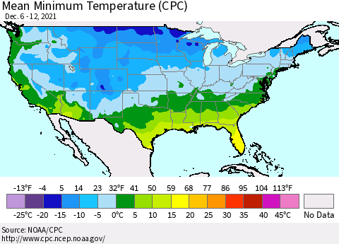 United States Minimum Temperature (CPC) Thematic Map For 12/6/2021 - 12/12/2021