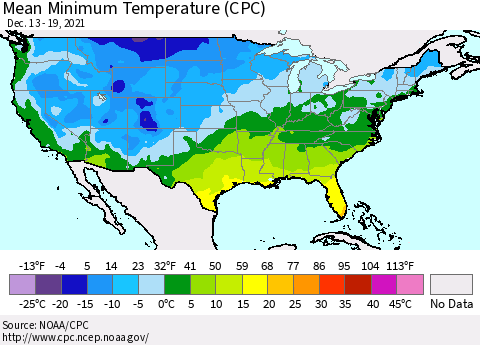 United States Mean Minimum Temperature (CPC) Thematic Map For 12/13/2021 - 12/19/2021