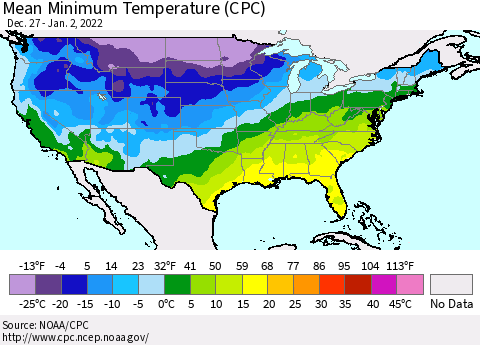 United States Mean Minimum Temperature (CPC) Thematic Map For 12/27/2021 - 1/2/2022
