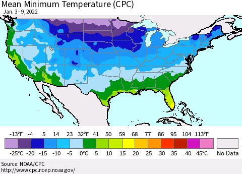 United States Mean Minimum Temperature (CPC) Thematic Map For 1/3/2022 - 1/9/2022