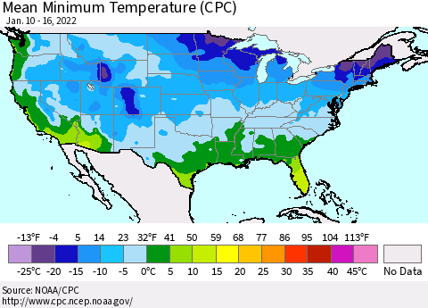 United States Mean Minimum Temperature (CPC) Thematic Map For 1/10/2022 - 1/16/2022