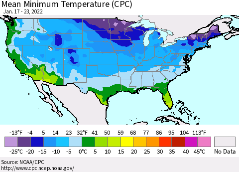 United States Mean Minimum Temperature (CPC) Thematic Map For 1/17/2022 - 1/23/2022