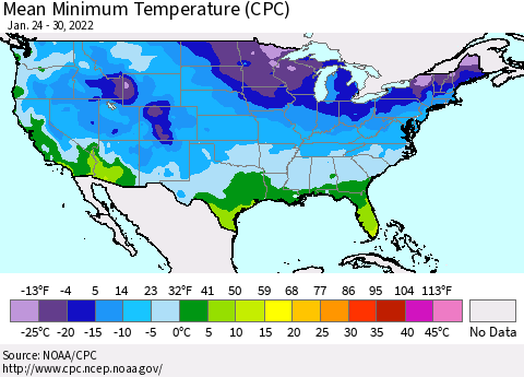 United States Mean Minimum Temperature (CPC) Thematic Map For 1/24/2022 - 1/30/2022
