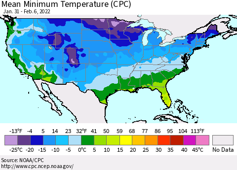 United States Mean Minimum Temperature (CPC) Thematic Map For 1/31/2022 - 2/6/2022