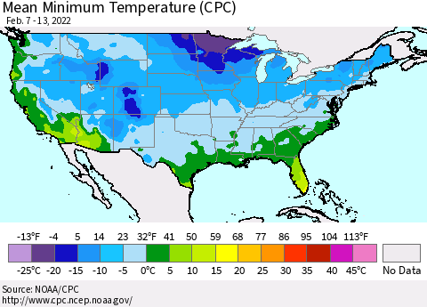 United States Mean Minimum Temperature (CPC) Thematic Map For 2/7/2022 - 2/13/2022